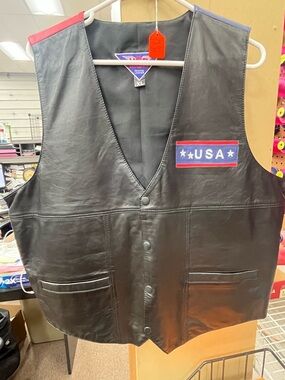 Black Leather USA Patch Vest